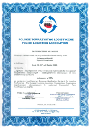 Zaświadczenie ELA Zaświadczenie, że program kształcenia realizowany przez WZ UŁ na kierunku Logistyka na połączonym cyklu I i II stopnia studiów (studia licencjackie/magisterskie) stacjonarnych i niestacjonarnych obowiązujące od roku akademickiego 2018/2019 jest zgodny w 91% ze standardem kwalifikacyjnym European Qualification Standards for Logistics Professionals - The European Logistics Association (Europejskiego Towarzystwa Logitstycznego), odpowiadającym 6. poziomowi Europejskich Ram Kwalifikacyjnych (EQF6)