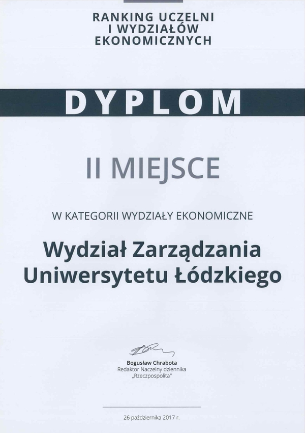 Dyplom dla WZ UŁ za zajęcie II miejsca w Rankingu Uczelni i Wydziałów Ekonomicznych