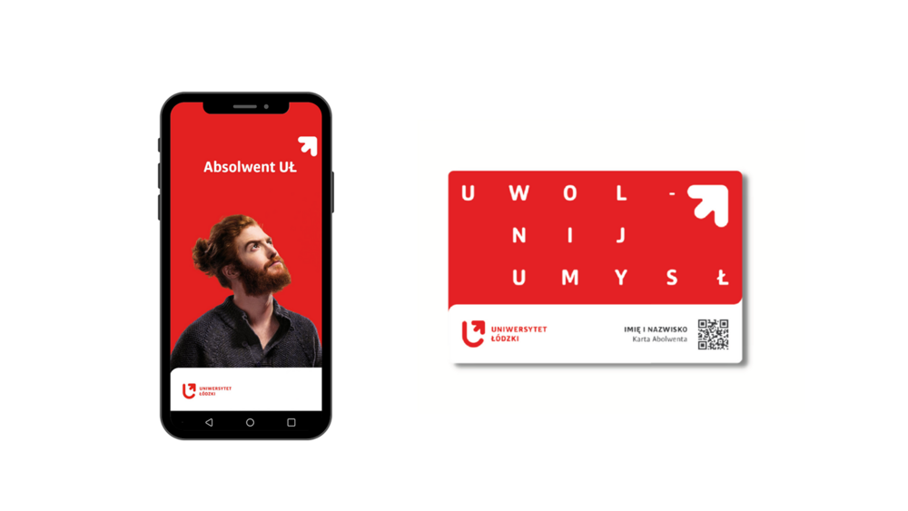 smartphone with the Graduate of the University of Lodz application on the left, plastic red and white Alumni Card on the right smartphone with the Graduate of the University of Lodz application on the left, plastic red and white Alumni Card on the right