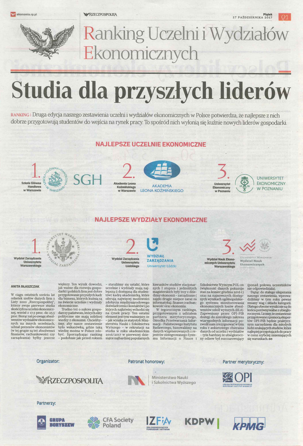 Zdjęcie z Rzeczpospolitej - strona dotycząca Rankingu Uczelni i Wydziałów Ekonomicznych