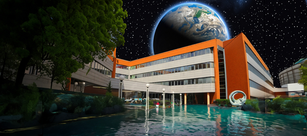 Zdjęcie przedstawia budynek Wydziału Zarządzania na tle księżyca