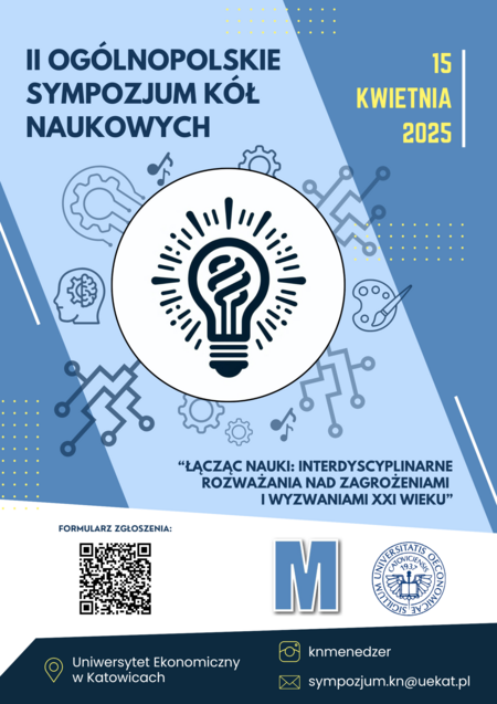 Plakat promujący II Sympozjum Kół Naukowychpt. „Łącząc Nauki: Interdyscyplinarne Rozważania nad Zagrożeniami i Wyzwaniami XXI Wieku.”